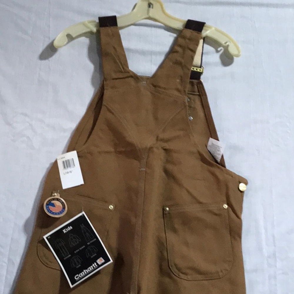 Vintage Carhartt Double Knee Bib Overalls Duck Canvas Tan Brown youth Workwear - Picture 6 of 13